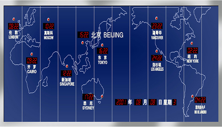 11个世界不同时区代表城市的时钟，显示在世界地图上的墙面上，蓝底间以经线，白色数码时钟